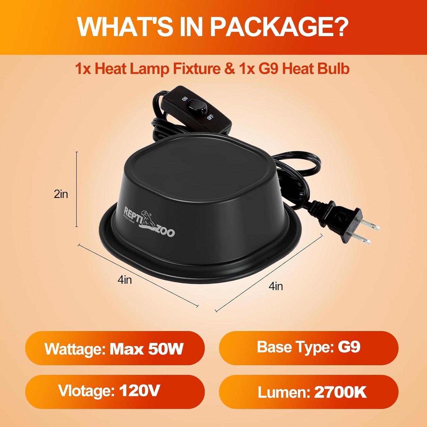 REPTI ZOO G9 Reptile Heat Lamp Bulb & Reptile Light Fixture with Safety Mesh Kit, 50W UVA Basking Light Fixture for Bearded Dragon Gecko Lizard Turtle Snake Chicken, Low Profile Warm White Heat Bulb