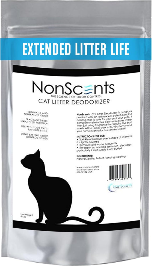 NonScents Cat Litter Deodorizer - Litter Box Odor Eliminator - Less Scooping Extends Kitty Litter Lifespan - Fragrance-Free Formula Eliminates Unpleasant Cat Odors – 8 Pound Bag
