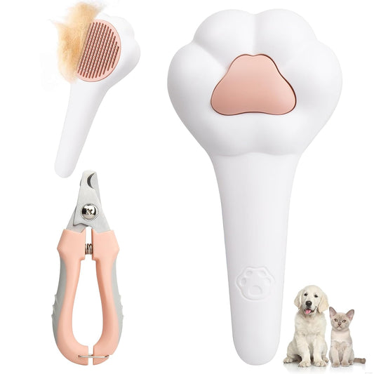 Self-Cleaning Cat Brush with Cat Nail Clipper 2-Pieces Set, Daily Cleaning Grooming Kit for Small and Medium-sized Dogs and Cats, Designed to Remove Shedding Fur and Trim Sharp Claws of Your Pets