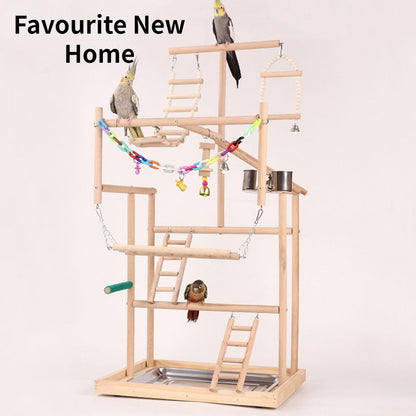 Pet Parrot Playstand Parrots Bird Playground Bird Play Stand Wood Perch Gym Playpen Ladder with Feeder Cups Bells Swing for Cockatiel Parakeet Random Color