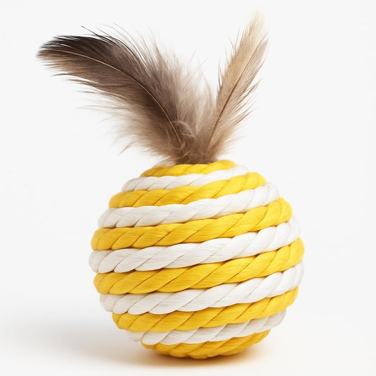 Ball for cat with Feathers - Balls for Cats – Natural Toy for Indoor Cats – Eco-Friendly, Durable, Interactive Play Balls for Kittens – Pet-Safe Chew & Scratch Toys (Yellow)