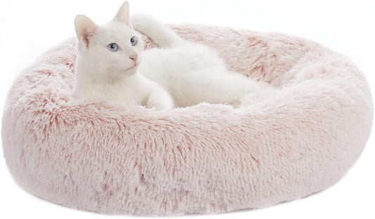 Bedfolks Calming Donut Dog Bed Cat Bed, 23 Inches Round Fluffy Dog Beds for Small Dogs, Machine Washable Anti-Anxiety Plush Puppy Bed（Pink, Small）