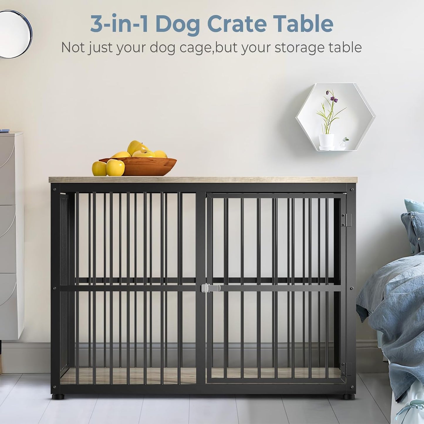 Lyromix 43'' Dog Crate Furniture with 3 Doors, XL Wooden Crate End Table, Heavy Duty Indoor Puppy Cage Kennel for Medium to Large Dogs, Multiple Units Can be Combined