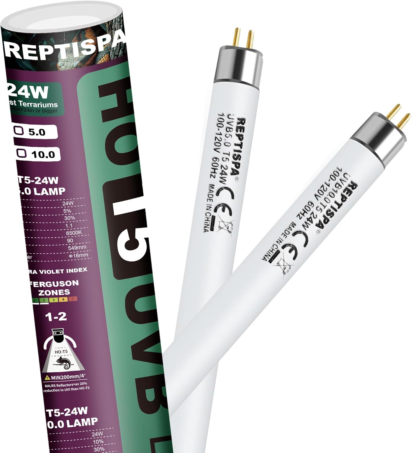 10.0 UVB Light for Reptiles, T5 HO 24 Watt Reptile Lamp Tube, Pack of 2 Fluorescent UVB Bulb, Basking Light for Bearded Dragon, Simulate Natural Sunlight for Reptiles and Amphibians