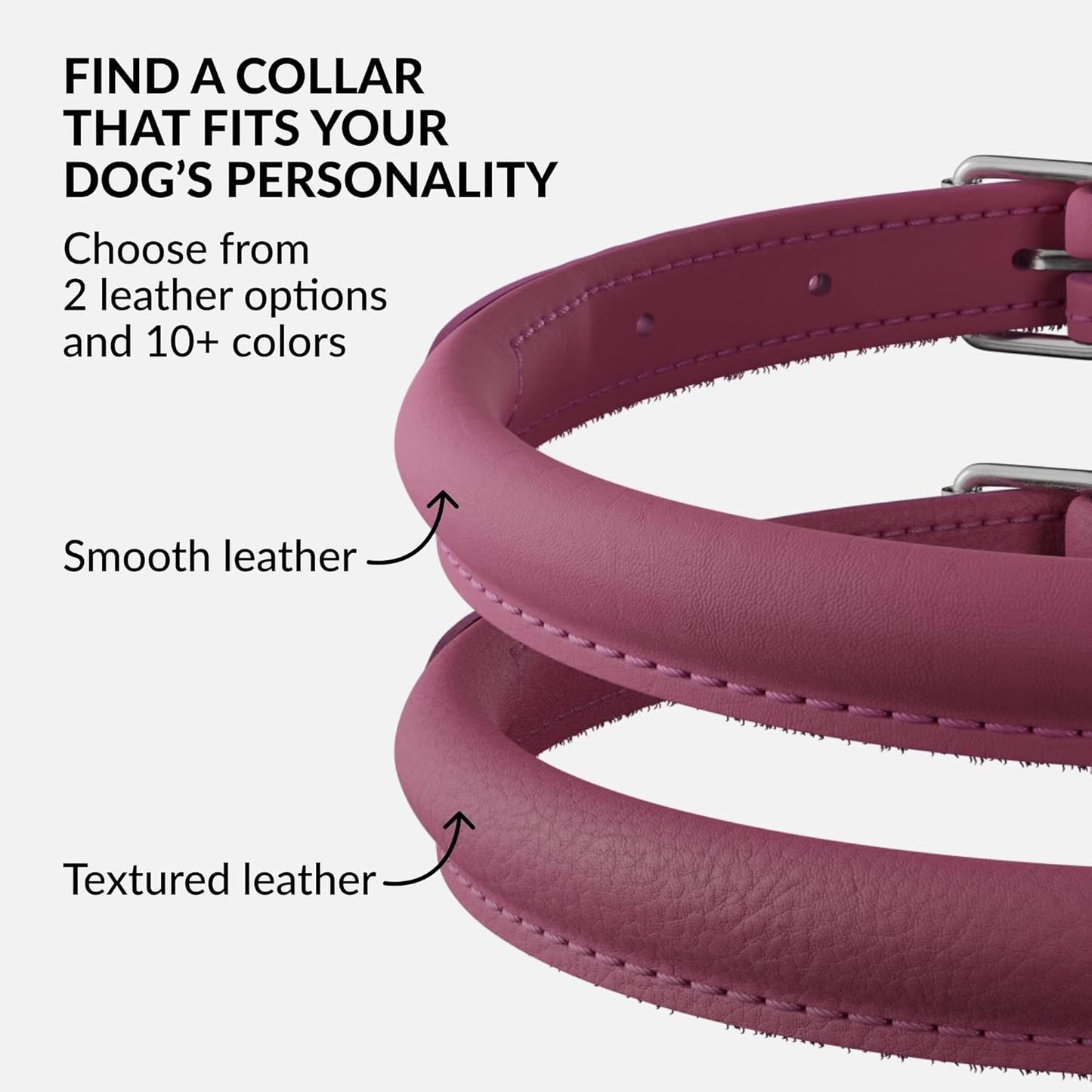 CollarDirect Rolled Leather Dog Collar, Soft Padded Round Puppy Collar, Handmade Genuine Leather Collar Dog Small Large Cat Collars 13 Colors (11-14 Inch, Pink Smooth)