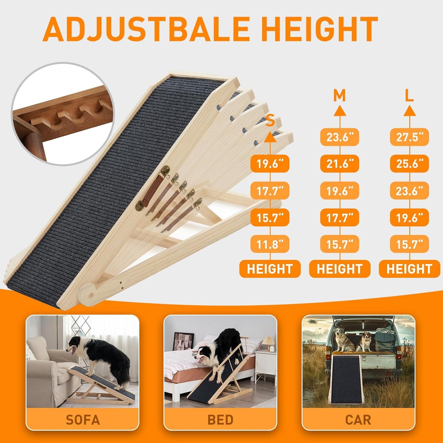 Dog Ramp for Bed Couch - Pet Steps Stairs to Get on Bed Couch 11.8"-19.6" High for Small or Large Dog Up to 200 lbs, Adjustable Wooden Dog Ramp Steps Foldable Portable, Anti-Slip Carpet (Natural)