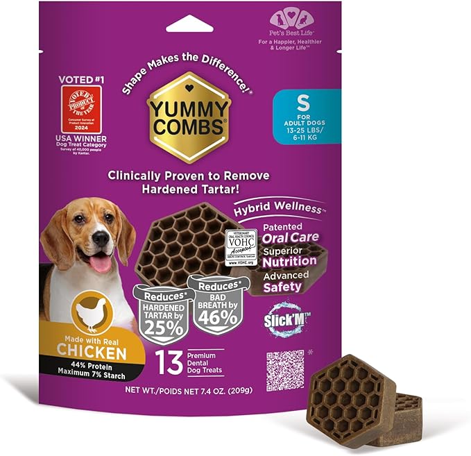 Yummy Combs Dog Dental Treats – Vet VOHC Approved, Removes Tartar & Cleans Teeth – Yummy High Protein Chicken Treat for Small Dogs (Mini Pack, 13 Count)