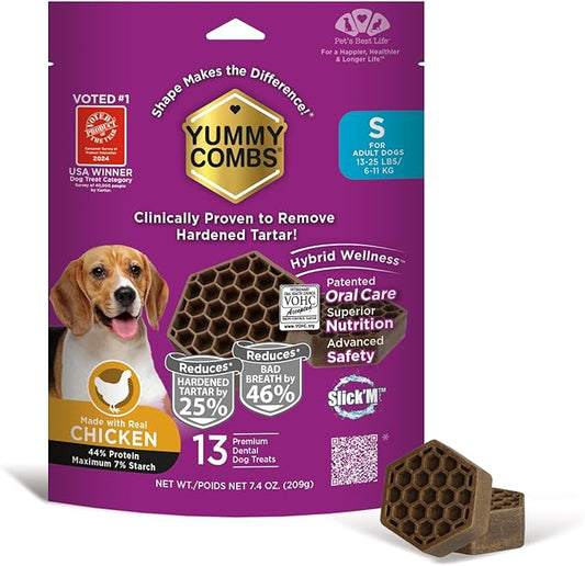 Yummy Combs Dog Dental Treats – Vet VOHC Approved, Removes Tartar & Cleans Teeth – Yummy High Protein Chicken Treat for Small Dogs (Mini Pack, 13 Count)
