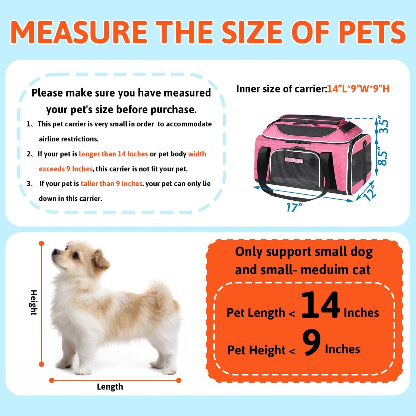 Petskd Top-Expandable Pet Carrier 17x12x8.5 Inches JetBlue Allegiant Spirit Airline Approved, Soft-Sided Carrier for Small Cats and Dogs with Locking Safety Zippers and Anti-Scratch Mesh(Pink)