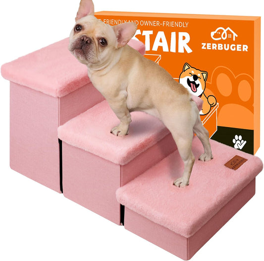 Dog Stairs with Furry Lids 18" H, 3-Step Wider Dog Steps with Storage for Small/Medium/Large Dogs Cats, Folding Sturdy Pet Stairs Climbing Bed or Sofa, Ramp for Car Hold Up to 200 lbs, Pink