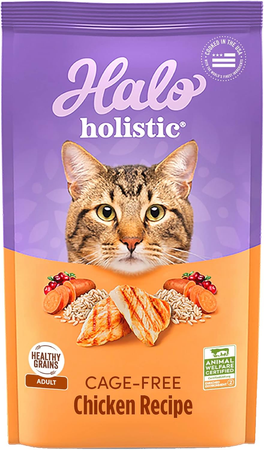 Halo Holistic Cage Free Chicken Cat Food, Healthy Grains Dry Cat Food, Complete Digestive Health, Kibble for Adult Cats, 3 lb Bag