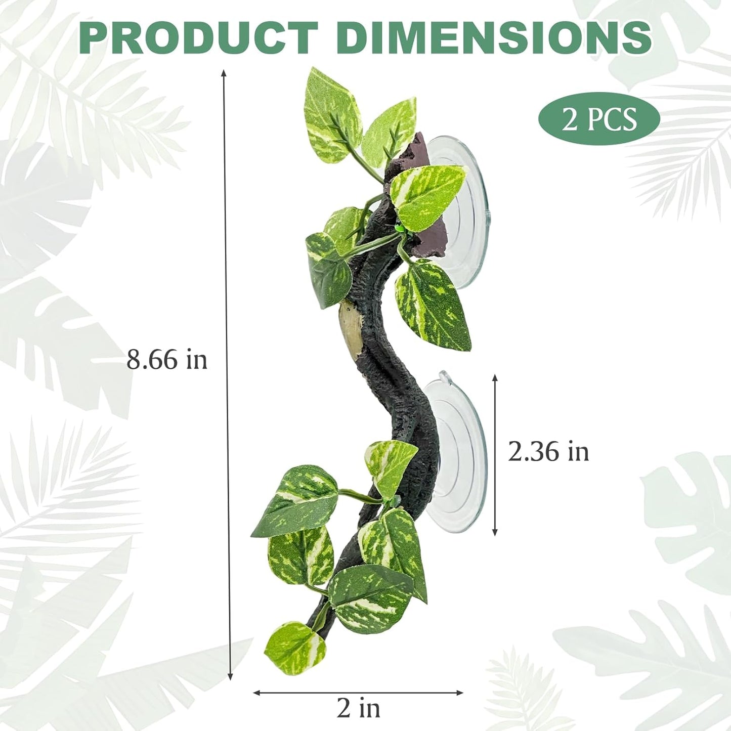 Fhiny Snake Climbing Branch, 2 PCS Resin Reptile Branches for Climbing with Suction Cups Frog Terrarium Plants Reptile Tank Decor Accessories for Frog Corn Snake Lizard Bearded Dragon Gecko