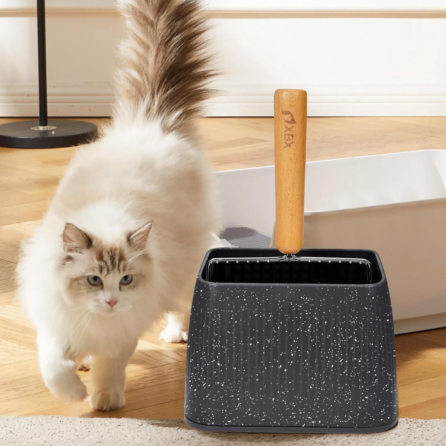 XBX Cat Litter Scoop with Holder, Heavy Duty Litter Sifter, Stainless Steel Litter Shovel, Litter Scooper with Beech Wood Grip and Washable Stand, Perfect for Cat Litter Box Cleaning