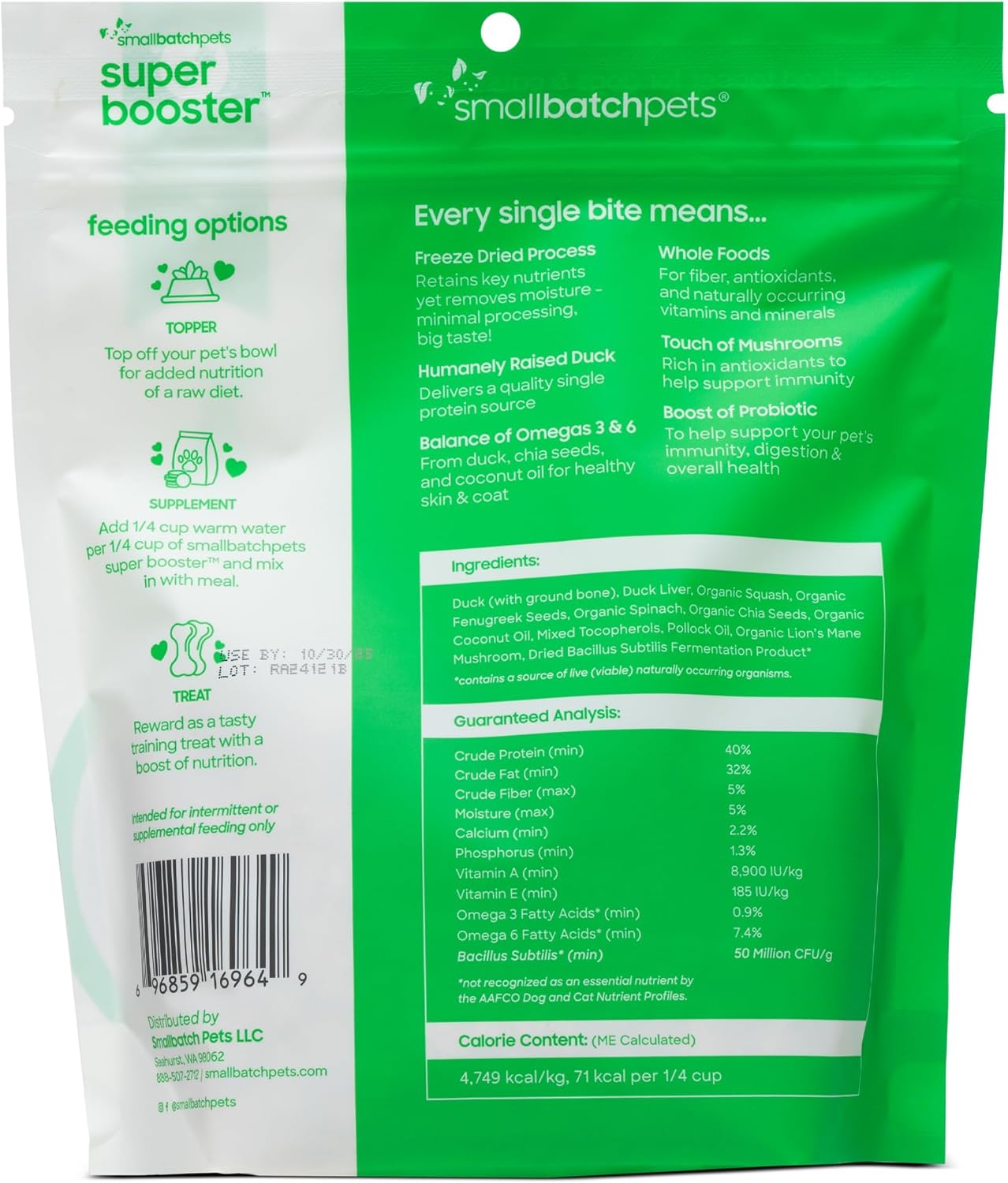 smallbatch Freeze Dried Dog Treats, Superfood Food Topper Duck Bites for Dogs & Cats, Probiotics, Organic Ingredients, High Protein, Grain Free Healthy Treat or Food Topper, Made in The USA, 7 oz Bag