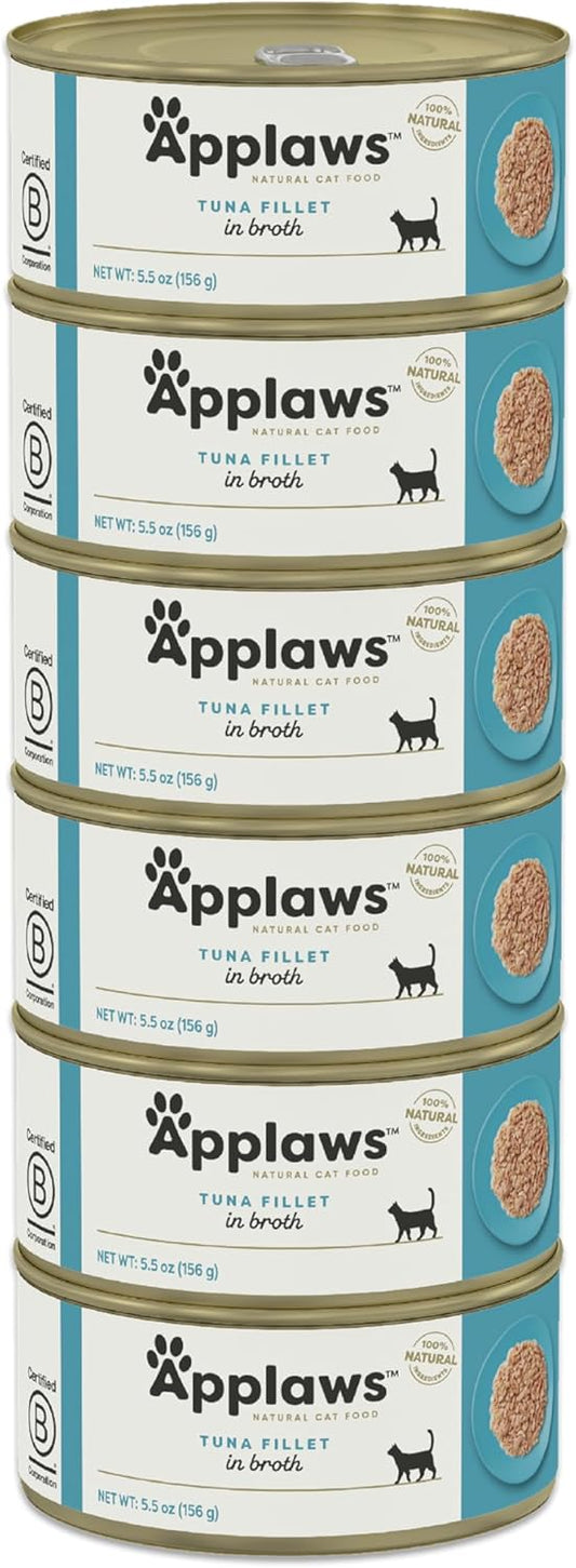 Applaws Natural Wet Cat Food in Broth, Limited Ingredient Canned Wet Cat Food, No Additives, Made with Natural Ingredients, Tuna Fillet Broth (6 x 5.5oz Cans)
