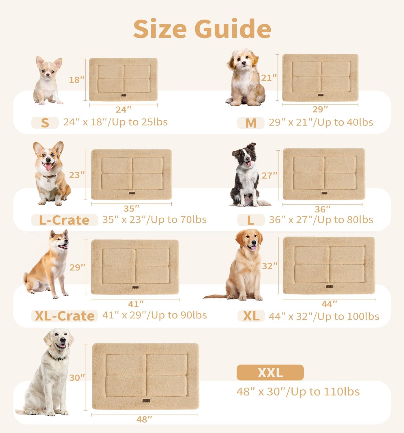 Made4Pets Dog Crate Pad Bed for Medium Dogs, Washable & Reversible, Anti-Slip Kennel Mat for Cozy Sleeping, Soft Fluffy Dog Bed for Indoor & Outdoor Use, 29"x21", Khaki
