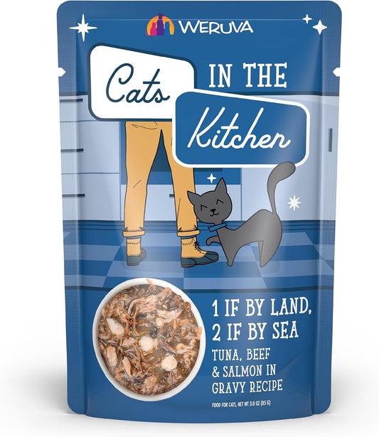 Weruva Cats in The Kitchen, 1 if by Land, 2 if by Sea with Tuna, Beef & Salmon in Gravy Cat Food, 3oz Pouch (Pack of 12)