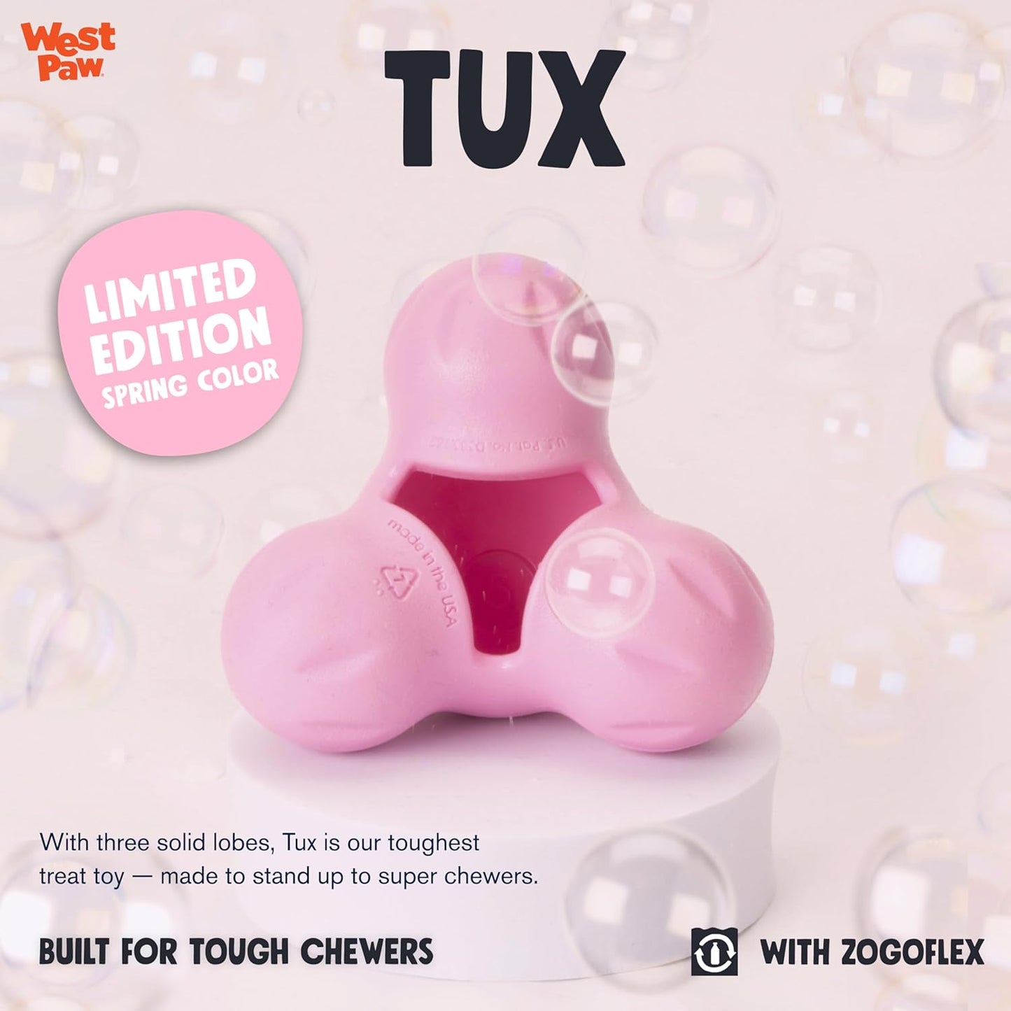 WEST PAW Zogoflex Tux Treat Dispensing Dog Chew Toy – Interactive Chewing Toy for Dogs – Dog Games for Aggressive Chewers, Fetch, Catch – Holds Kibble, Treats, Large 5", Bubblegum