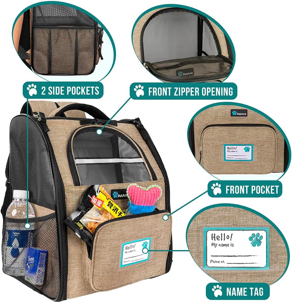PetAmi Dog Backpack Carrier for Small Large Cat, Pet, Puppy, Ventilated Pet Hiking Backpack Travel Bag, Airline Approved Cat Backpack Carrier, Camping Biking Dog Bag Up to 18lbs Pet, Taupe