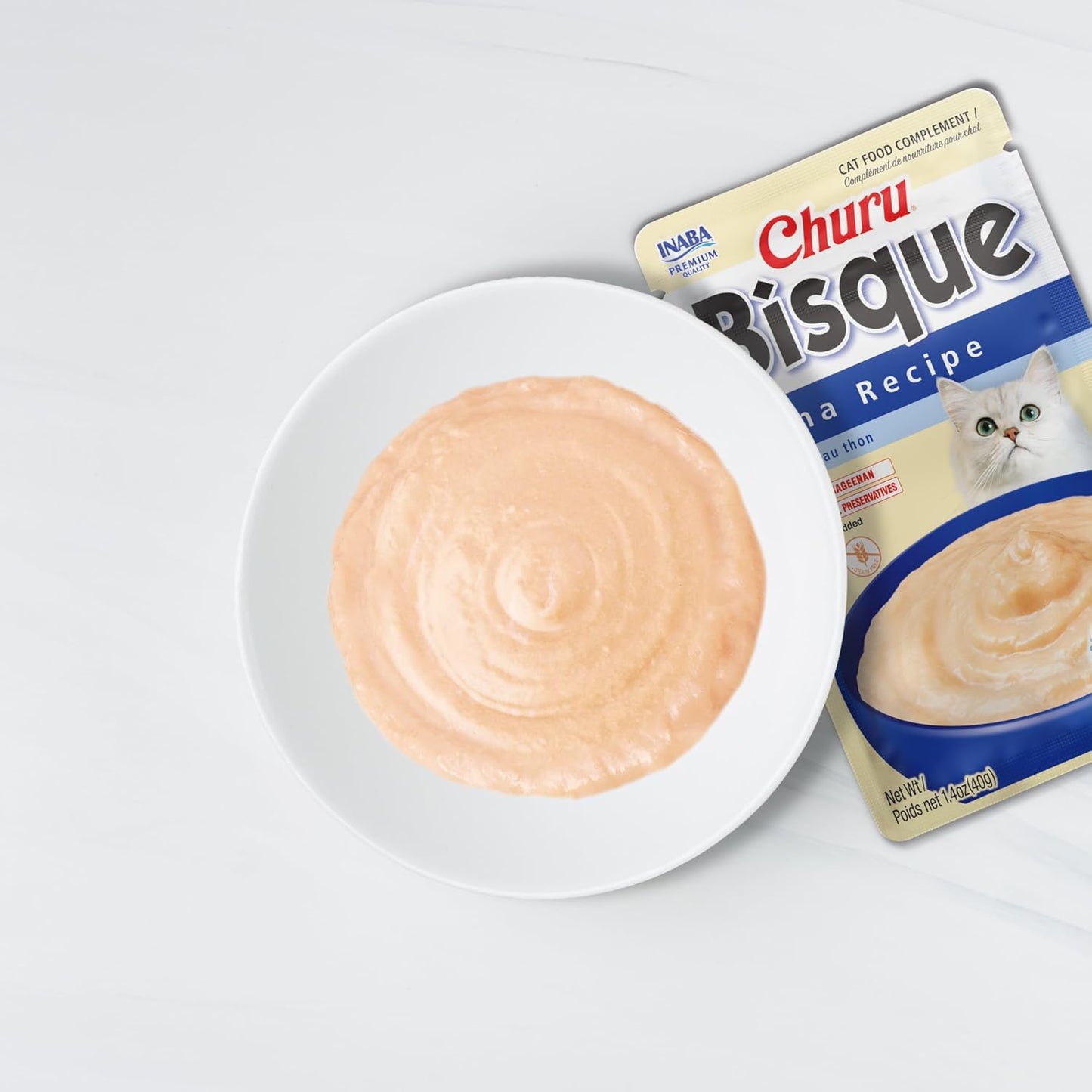 INABA Churu Bisque for Cats, Creamy Lickable Purée Side Dish with Vitamin E, 1.4 Ounces per Pouch, 12 Pouches, Tuna with Salmon Recipe