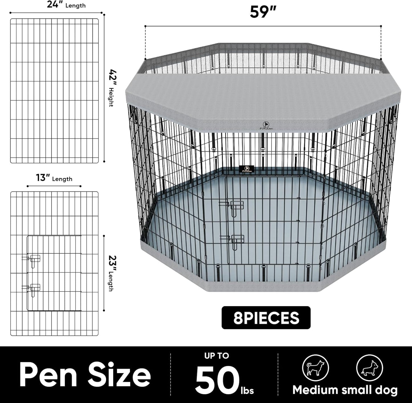PJYuCien Dog Playpen, 8 Panels 42”H Dog Playpen Indoor with Grey Bottom Pad and Top Cover, Metal Foldable Dog Pen for Indoor Use, Better for Small Medium Animals, Grey