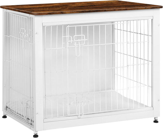 DWANTON Dog Crate Furniture with Cushion, Wooden Kennel Table with Double Doors, Indoor Dog House, Medium Size, 32.5" L, White+Rustic Brown