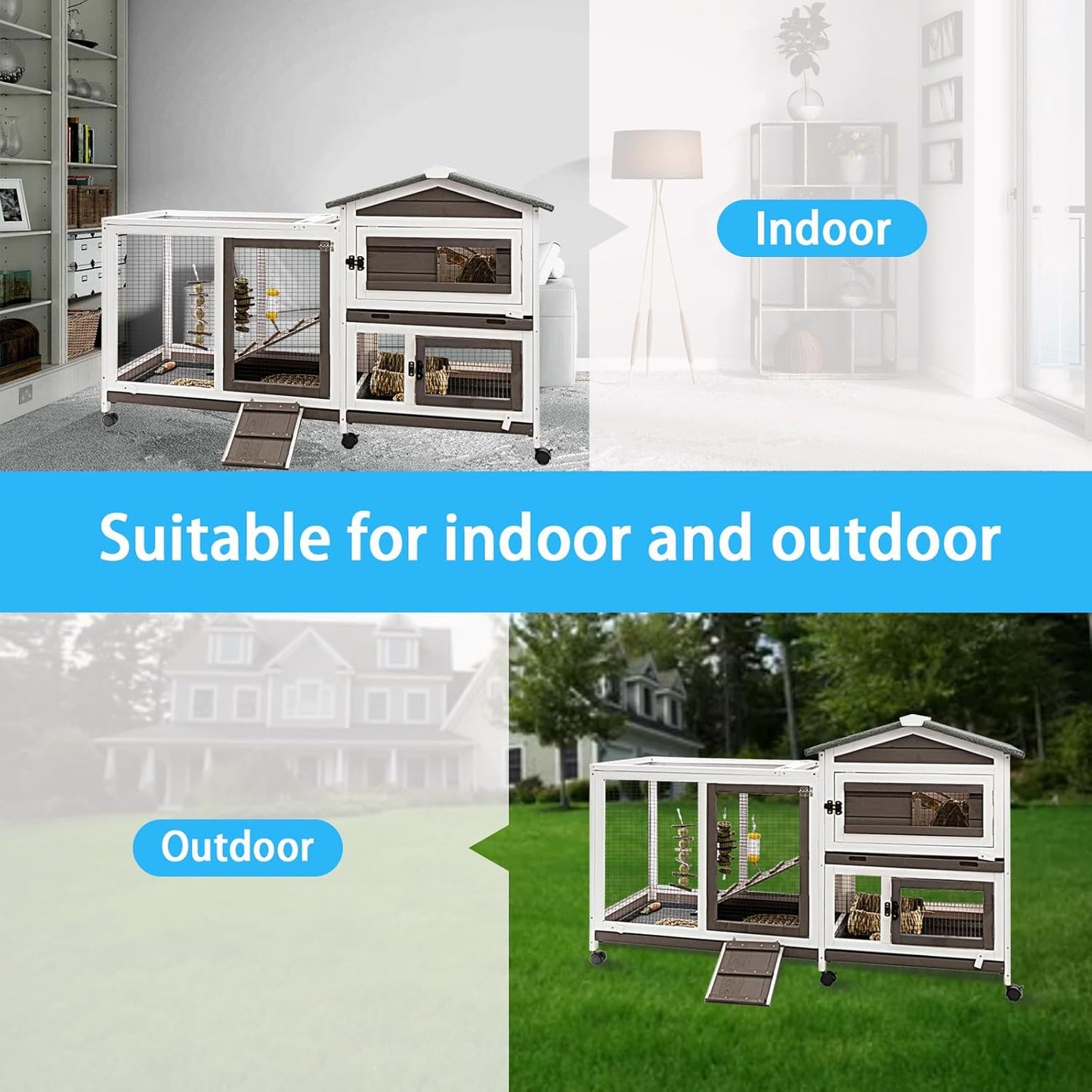 Rabbit Hutch Indoor Outdoor Two Story Bunny Hutch with Wheels Guinea Pig Cage with Removable No Leaking Tray Wooden Pet House