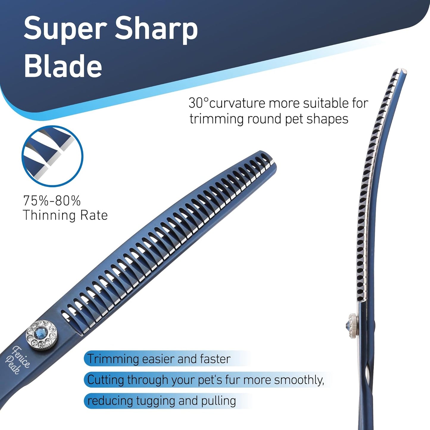 Fenice Peak Professional Dog Grooming Scissors Pet Curved Chunker Shears 7.0'' Extremely Sharp Blades 440C Steel Thinning Scissors Durable Smooth Motion&Fine Cut for Dogs and Cats