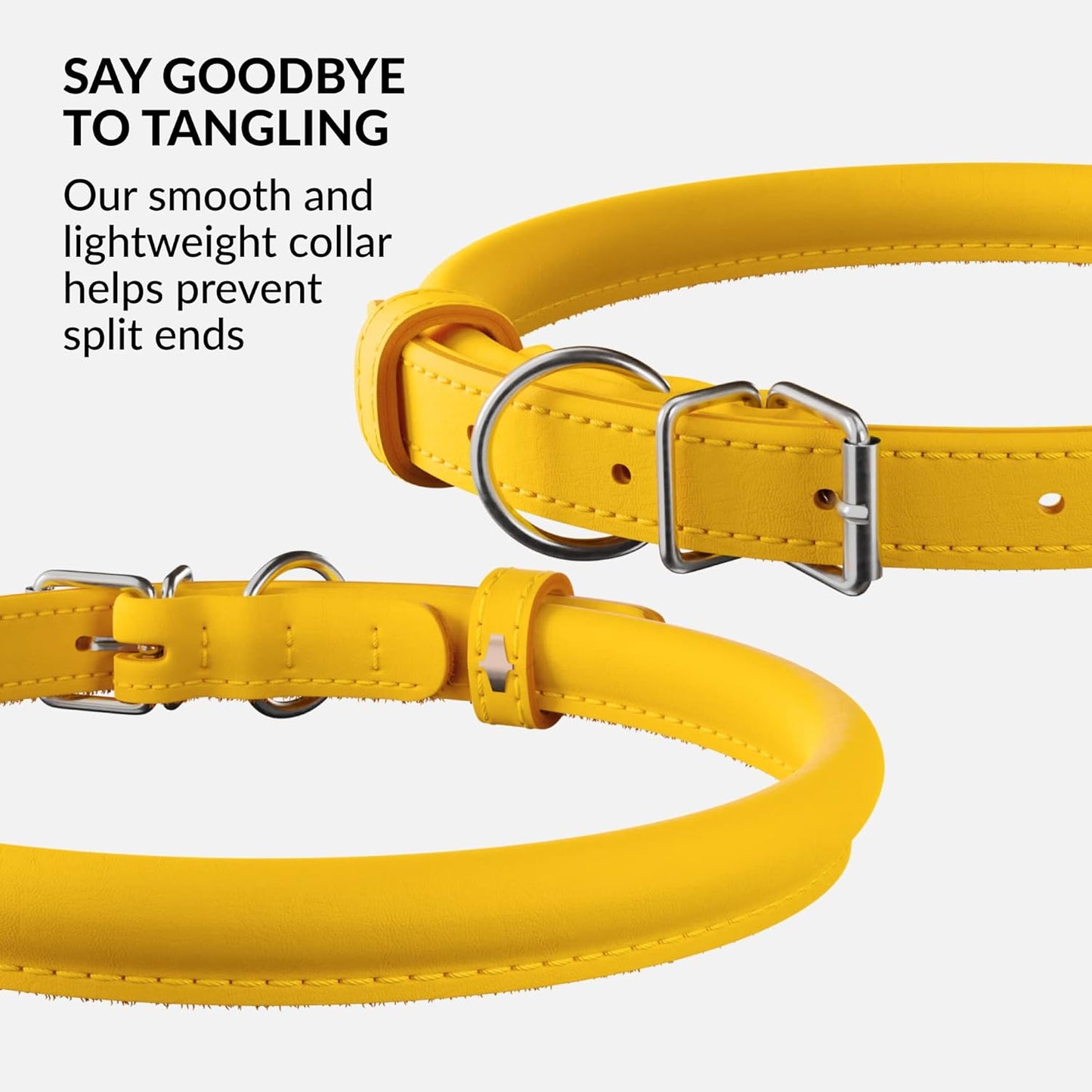 CollarDirect Rolled Leather Dog Collar, Soft Padded Round Puppy Collar, Handmade Genuine Leather Collar Dog Small Large Cat Collars 13 Colors (18-22 Inch, Yellow Smooth)