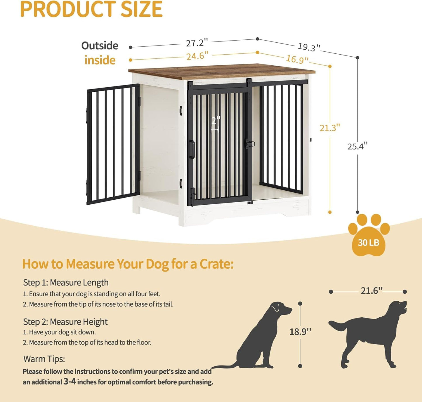 27.2" Dog Crate Furniture with Barn Door, Heavy Duty Dog Kennel Indoor with 2 Doors, Wooden Pet Cage End Table for Small Medium Dogs up to 22 lb, Anti-Chew Anti-Escape, White Brown DFC84314B