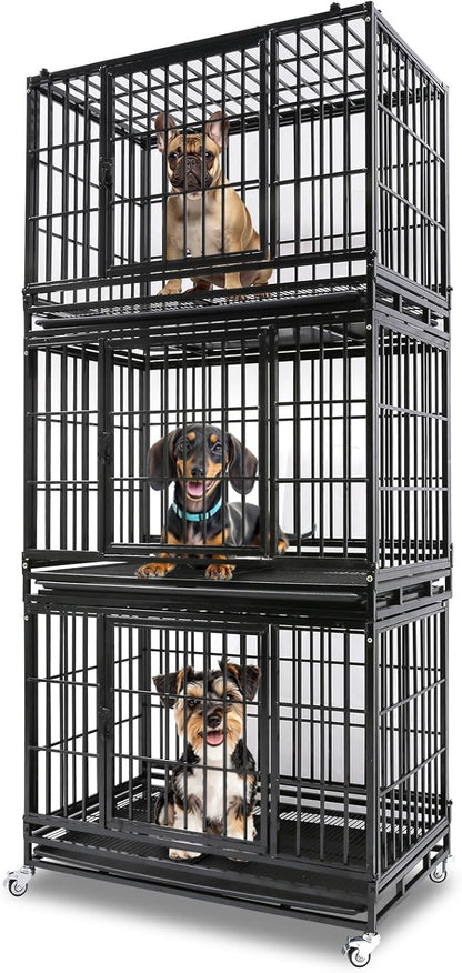 Homey Pet 37 Inch Heavy Duty Dog Crate Indestructible, Collapsible Dog Cage with Lockable Wheels, Removable Tray, High Anxiety Dog Kennel Indoor, Three Tiers Stackable Dog Crates for Medium Dogs