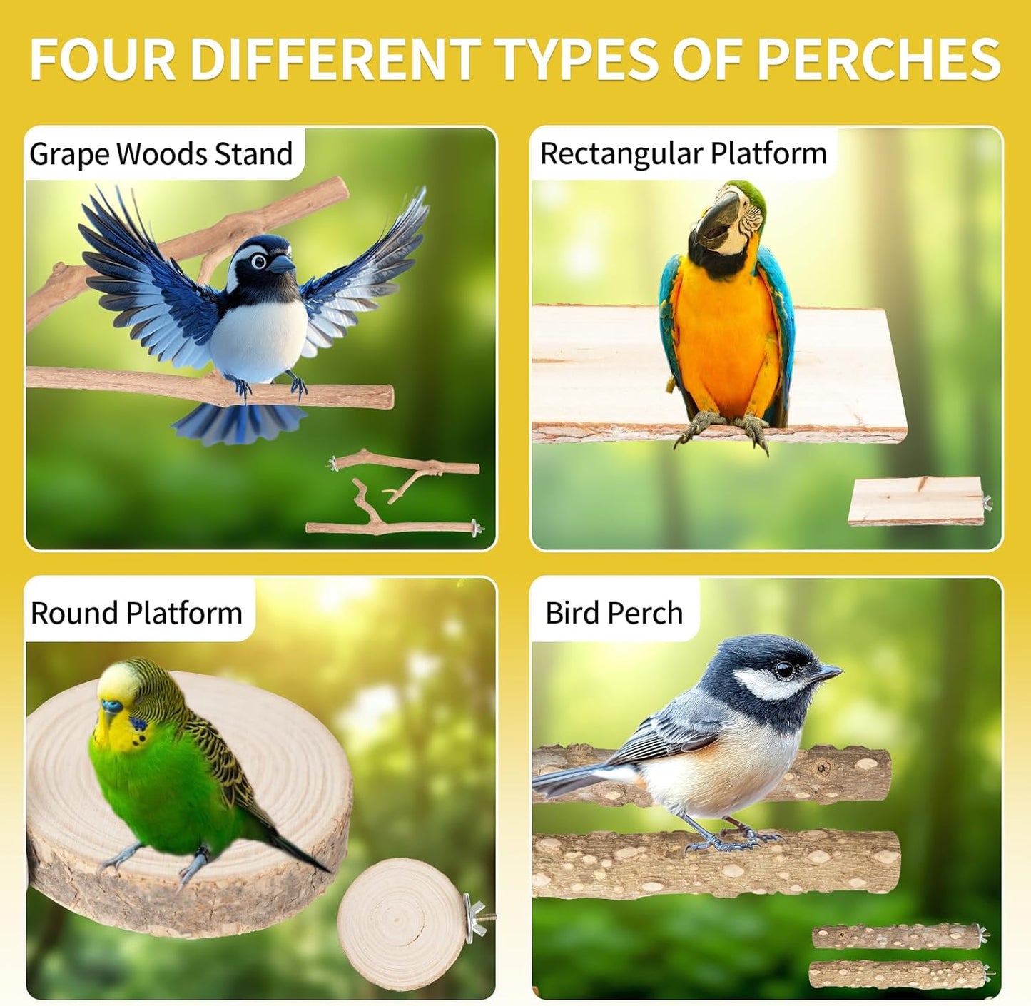 Bird Perches, 6PCS Natural Wood Birds Perch Stand Set, Parakeet Toys, Bird Cage Accessories, Stand & Toys for Parakeets, Cockatiels, Conure, Budgies