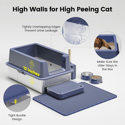 Stainless Steel Cat Litter Box - Enclosed XL Metal Kitty Litter Box with Lid for Big Cats, High Sided, Anti-Leakage, Easy Cleaning, Non-Sticky, Included Litter Mat, Cat Bowl & Spoon