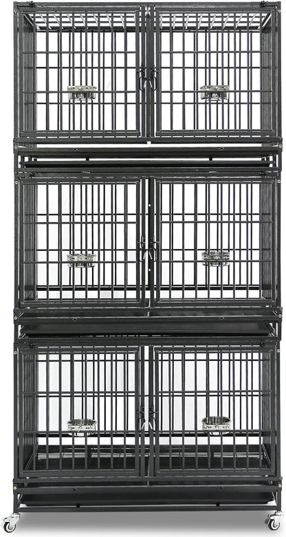 Homey Pet Three Tiers 43 inch Heavy Duty Dog Crate with Wheels, Stackable Indestructible Steel Dog Cage Kennel Indoor with Divider, Trays, Bowls, Escape Proof Locks for Breeder and More