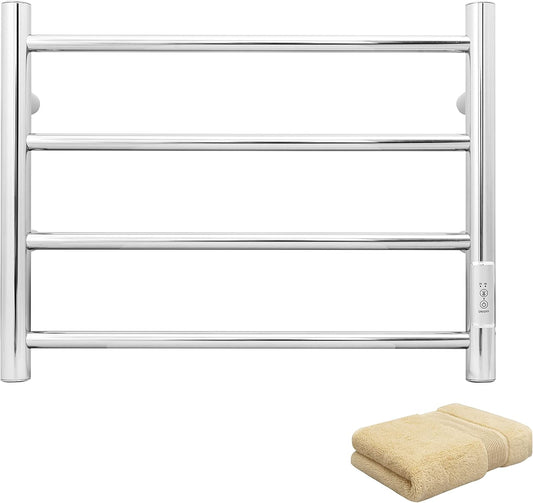 KEG Towel Warmer Wall Mounted with Built-in Timer 4 Bars Electric Stainless Steel Heated Towel Racks for Bathroom, Hot Plug-in Bath Towel Heater Brushed Nickel