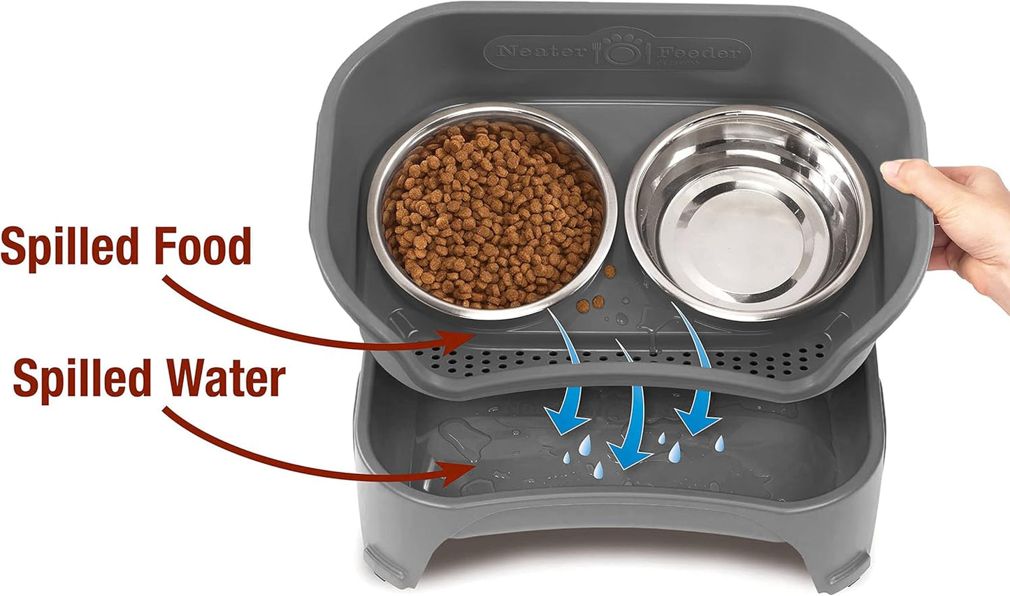 Neater Feeder - Express Model w/ Slow Feed Bowl - Mess-Proof Dog Bowls (M/L, Grey) Made in USA – Elevated, No Spill, Non-Tip, Non-Slip, Raised Stainless Steel Food/Water Pet Bowls Aid Digestion