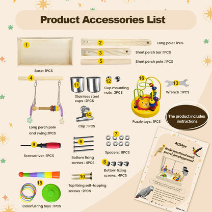 Mini Wood Bird Playground Birds Perch Stand Desktop Parrot Play Stand Parrot Tree with Feeder Cups Hanging Swing Toys and Foraging Toys Parakeet Play Gym for Budgie Cockatiel Conure Lovebird