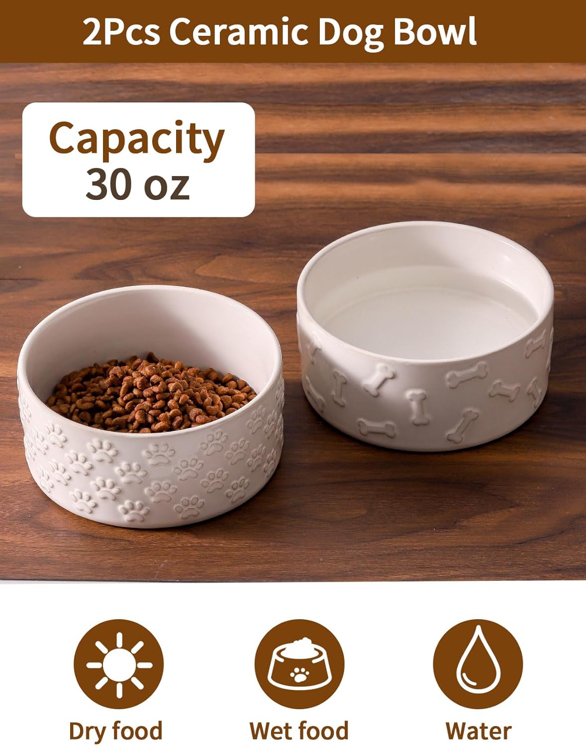 UBEE Ceramic Dog Bowl Set of 2, 6.1 inch Dog Food Bowl Dish with Bone Paw Pattern, Pet Food Water Dish Feeding for Small and Meidum Dogs and Large Cat, White