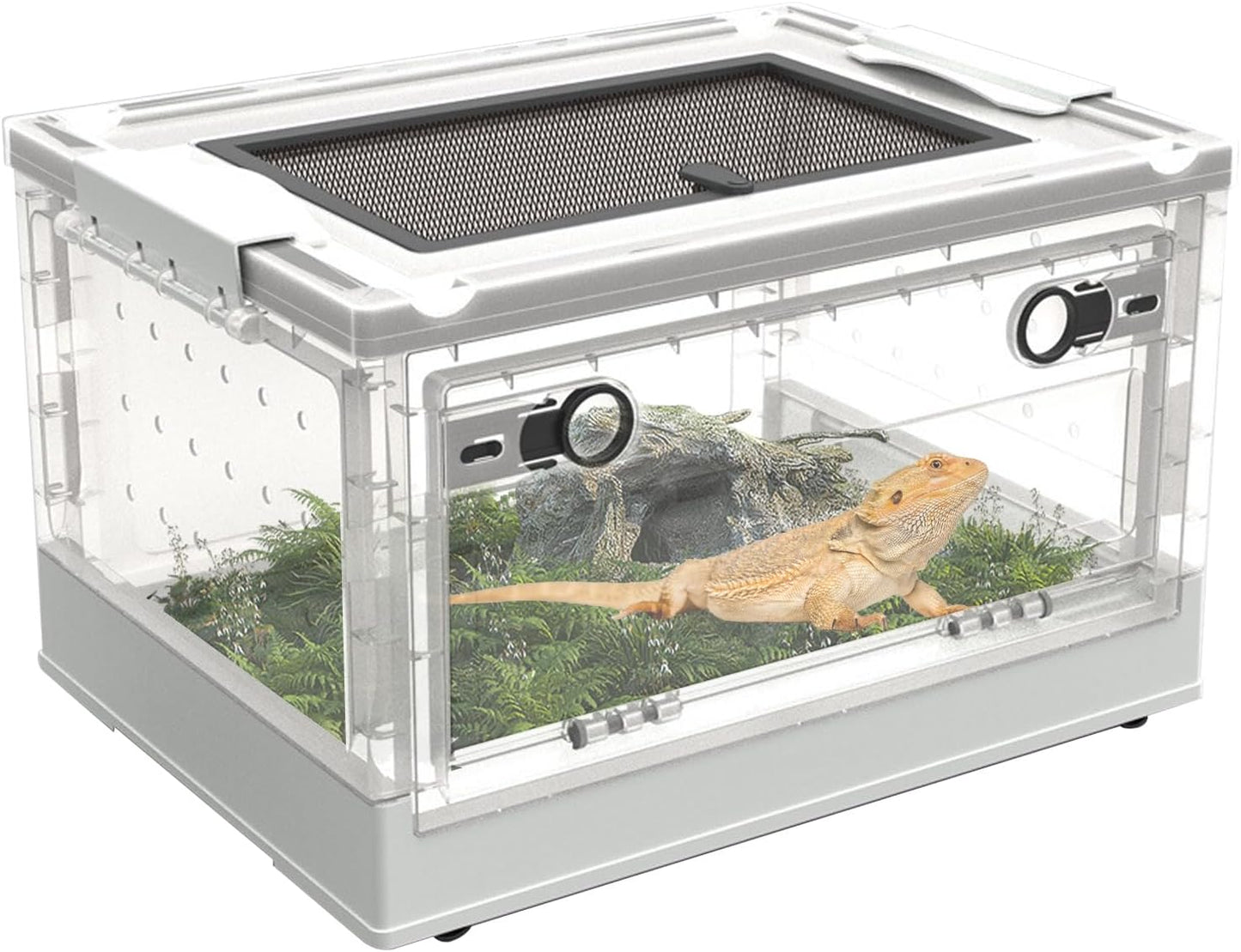 PINVNBY Plastic Reptile Feeding Box with Wheels,Reptiles Breeding Enclosure Cages Transparent Amphibians Habitat Terrarium Tank Portable Transport Container for Lizard,Bearded Dragon(White)