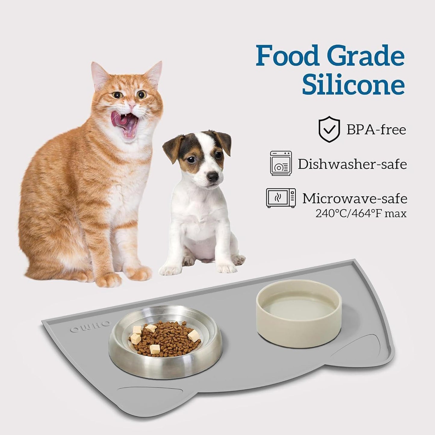 OHMO - Cat Food Mat, Silicone Pet Feeding Mat for Floor Non-Skid Waterproof Dog Water Bowl Tray, Easy to Clean Pet Placemat