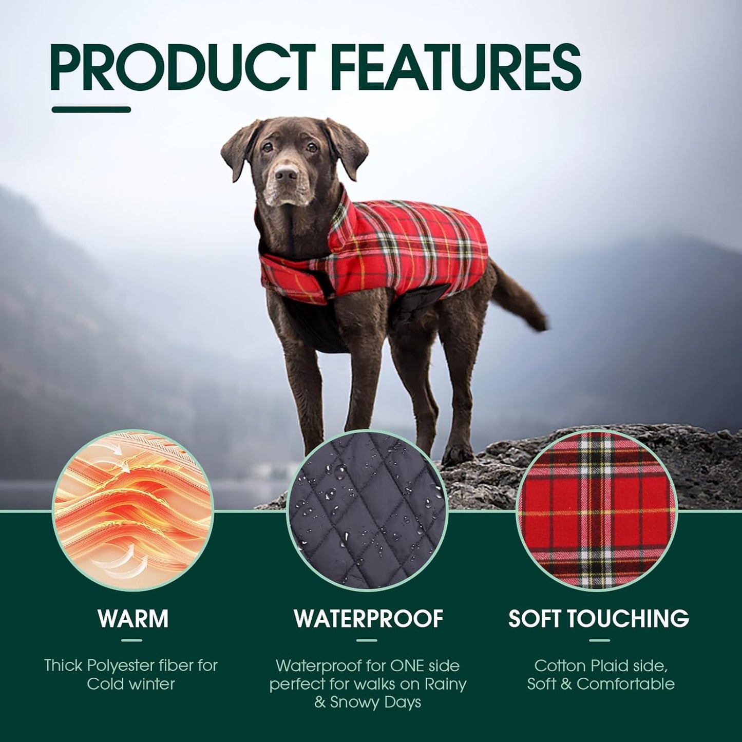 Kuoser Waterproof Dog Coat, Reversible Dog Jacket for Medium Dogs, Adjustable Durable Doggie Winter Coat Warm Puppy Cold Weather Apparel from Small to Large Breed, Bright Red M