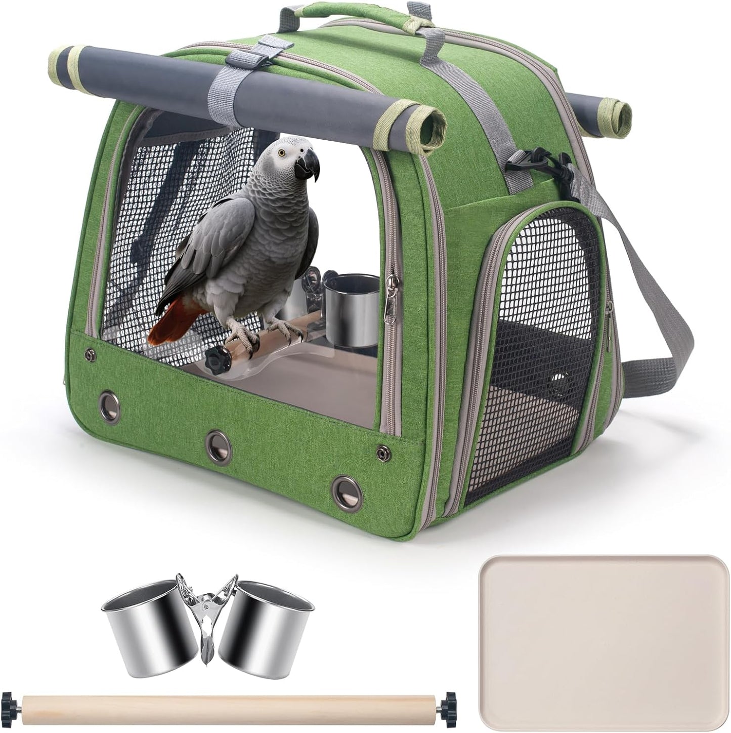 Bird Carrier Parrot Travel Cage with Perch, Food Bowl, Tray and Breathable Clear Window, Bird Travel Bag for African Gray Cockatiel Caique Conure Quaker, for Vetting Camping Hiking (Green)