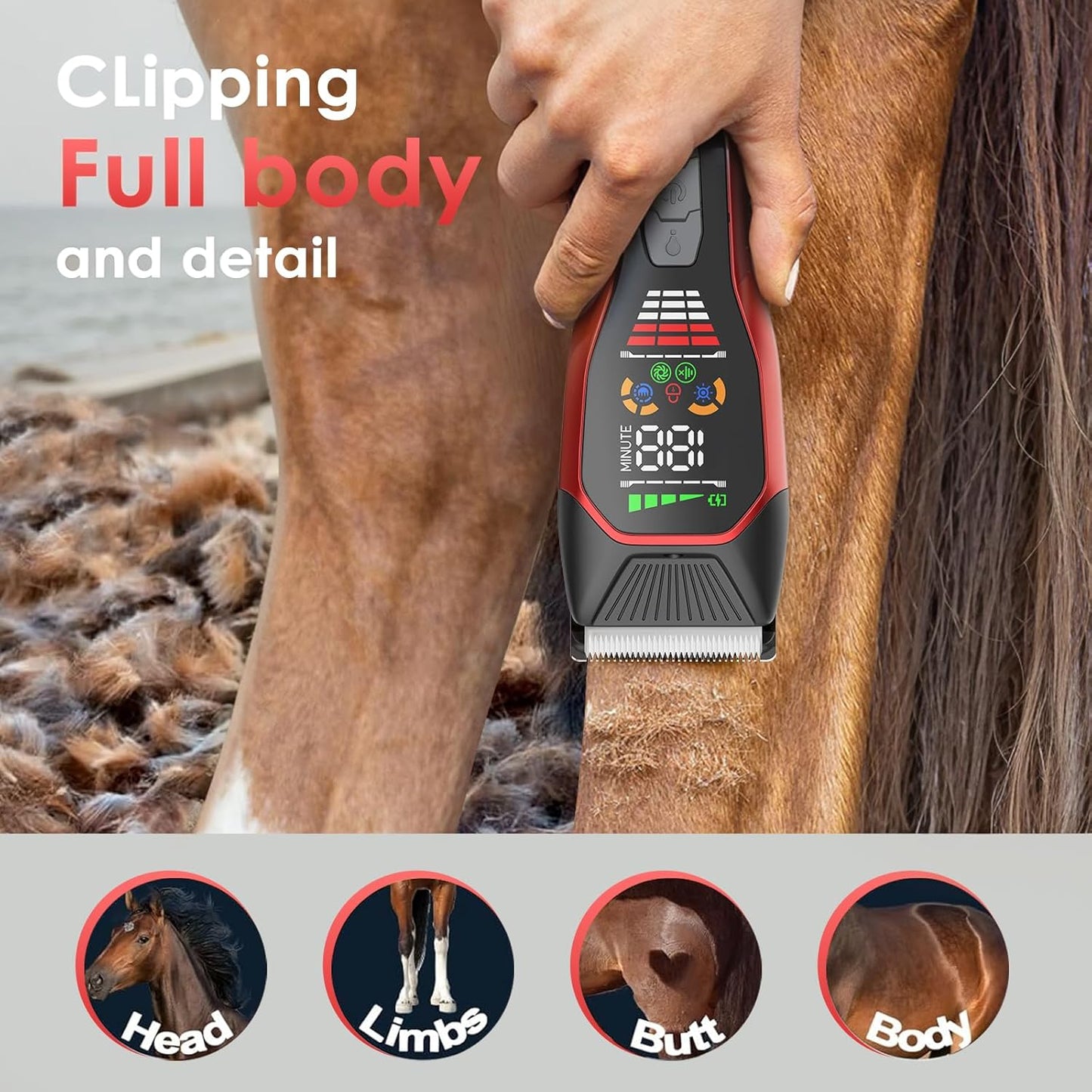 Horse Clippers,Quiet 2-Speed Horse Grooming Clippers,Rechargeable Pet Shaver with Scissors for Matted Long Hair,Cordless Wide-Blade Powerful Horse Trimmer Kit for Thick Coat #066 Red