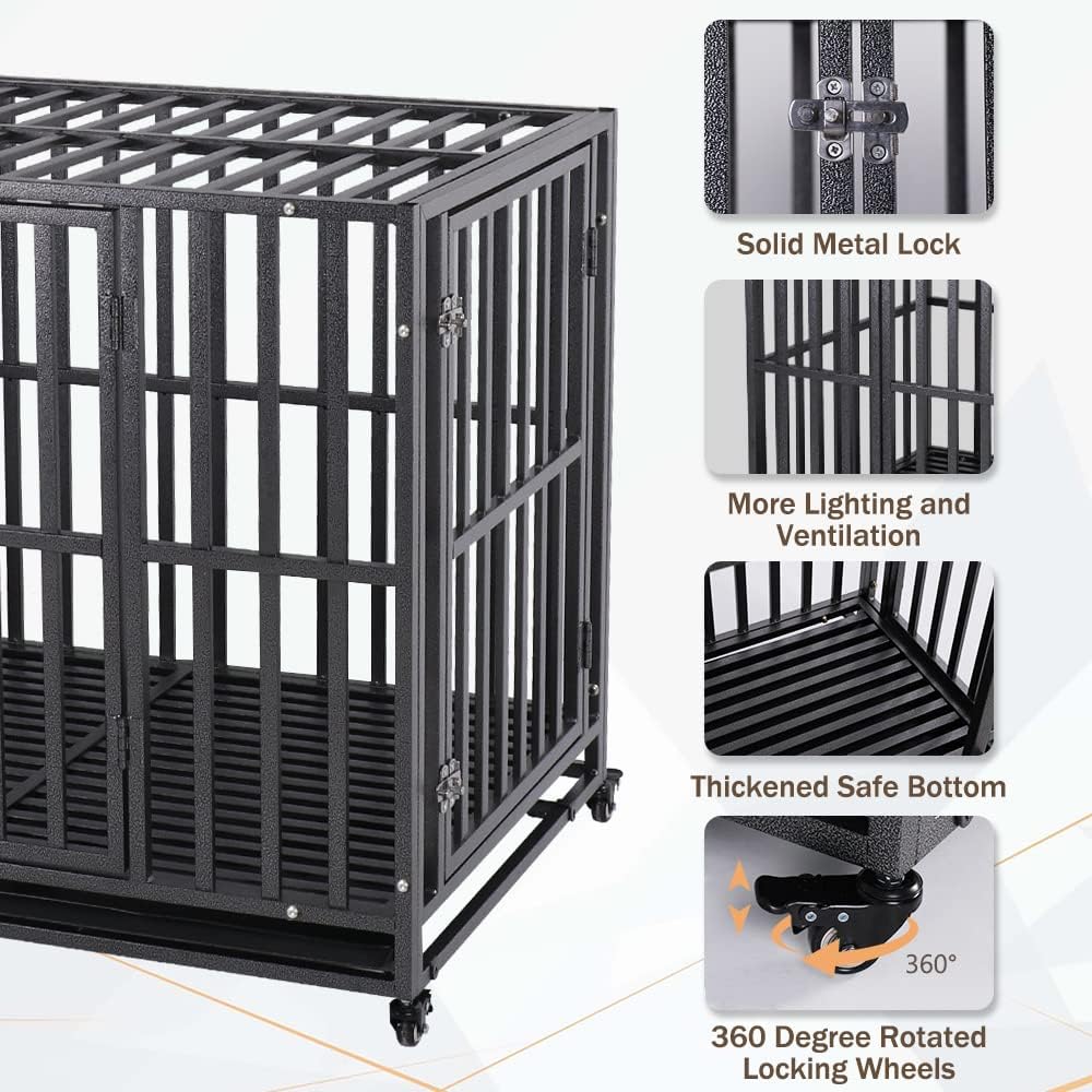 LUCKUP Heavy Duty Dog Crate-38 inch Large Metal Dog Cage with 2 Doors and 4 Wheels, Stackable Dog Kennel for Large & Medium Dogs, Removable Tray