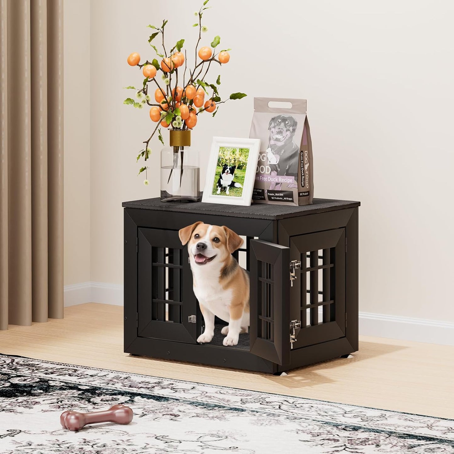 26" Heavy Duty Dog Crate Furniture for Small,Medium and Large Dogs,Rustic Wooden Dog Cage Kennel Indoor Furniture with Waterproof Top,Decorative Pet House Side End Table (Black & Grey)