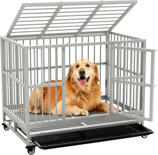 Dog Crate with Removable Tray, 37/42/46 Inch Indestructible and Escape Proof Steel Dog Cage Kennel for High Anxiety Dogs, Heavy Duty Dog Crate with Wheels, Double Door, Extra Large XL XXL