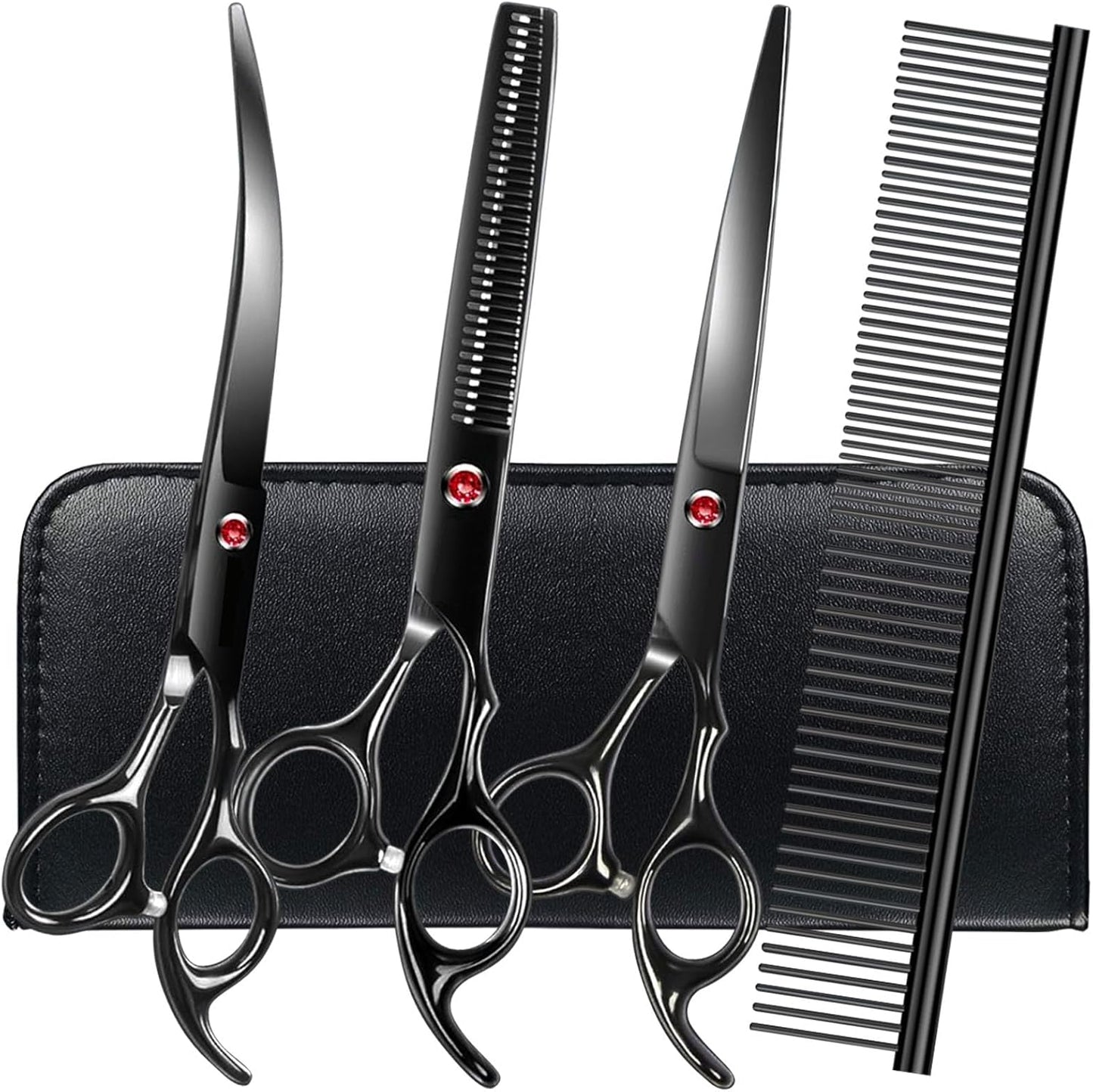 Professional Dog Grooming Scissors Set Stainless Steel Dog Grooming Kit - Thinning, Curved Scissors and Comb for Cat Pet (Black 5 in1)