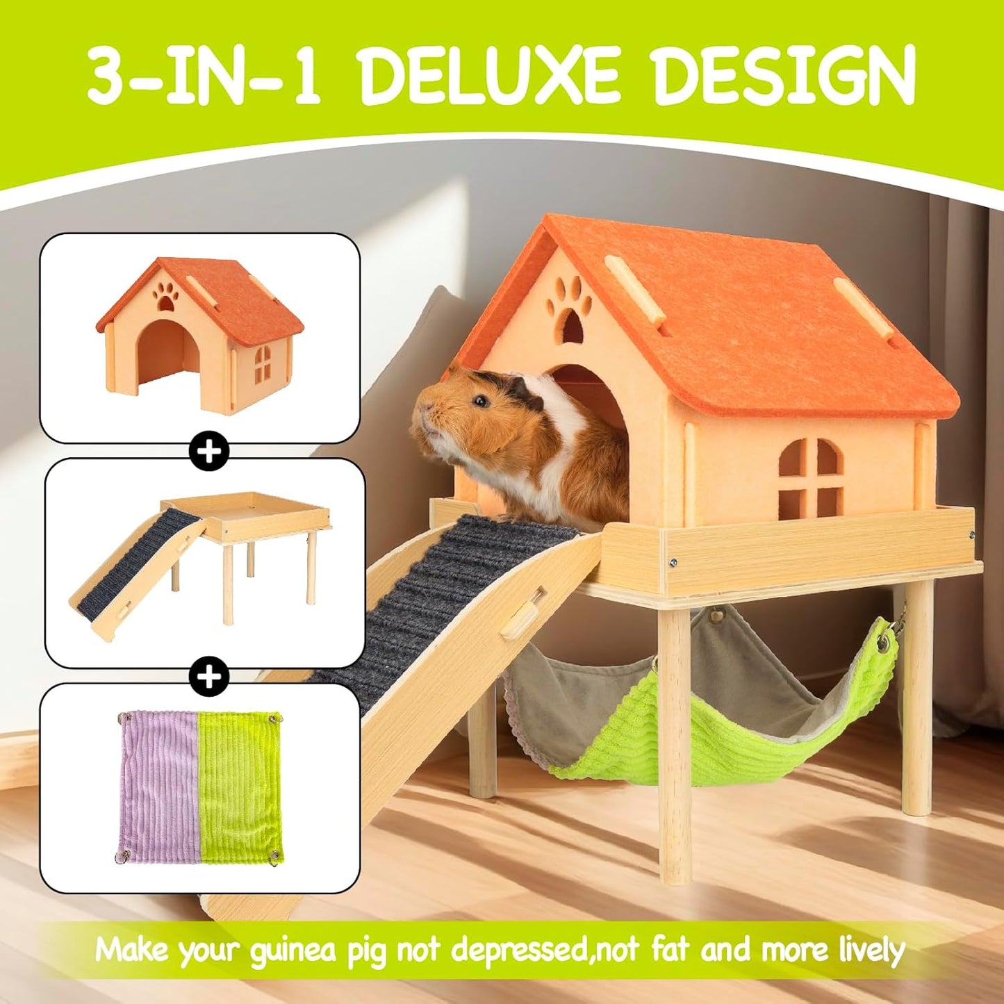 3 in 1 Enlarged Guinea Pig Hammock,Wooden Guinea Pig Hideout with House & Platform & Stairs Small Animal Toys for Hiding Sleeping Activities
