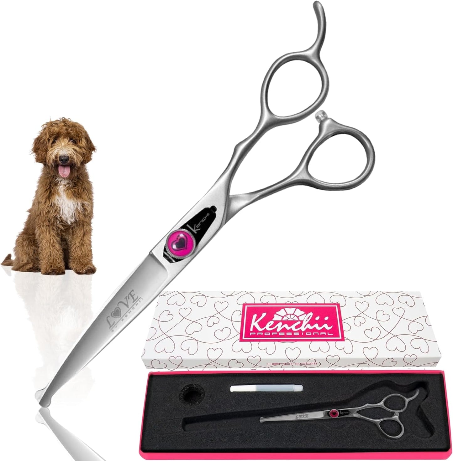 Kenchii Love Dog Grooming Scissors, 6.5 Inch Straight Balltip Shears, Dog Scissors for Grooming, Professional Pet Grooming Scissors, Safety Round Tip Shears