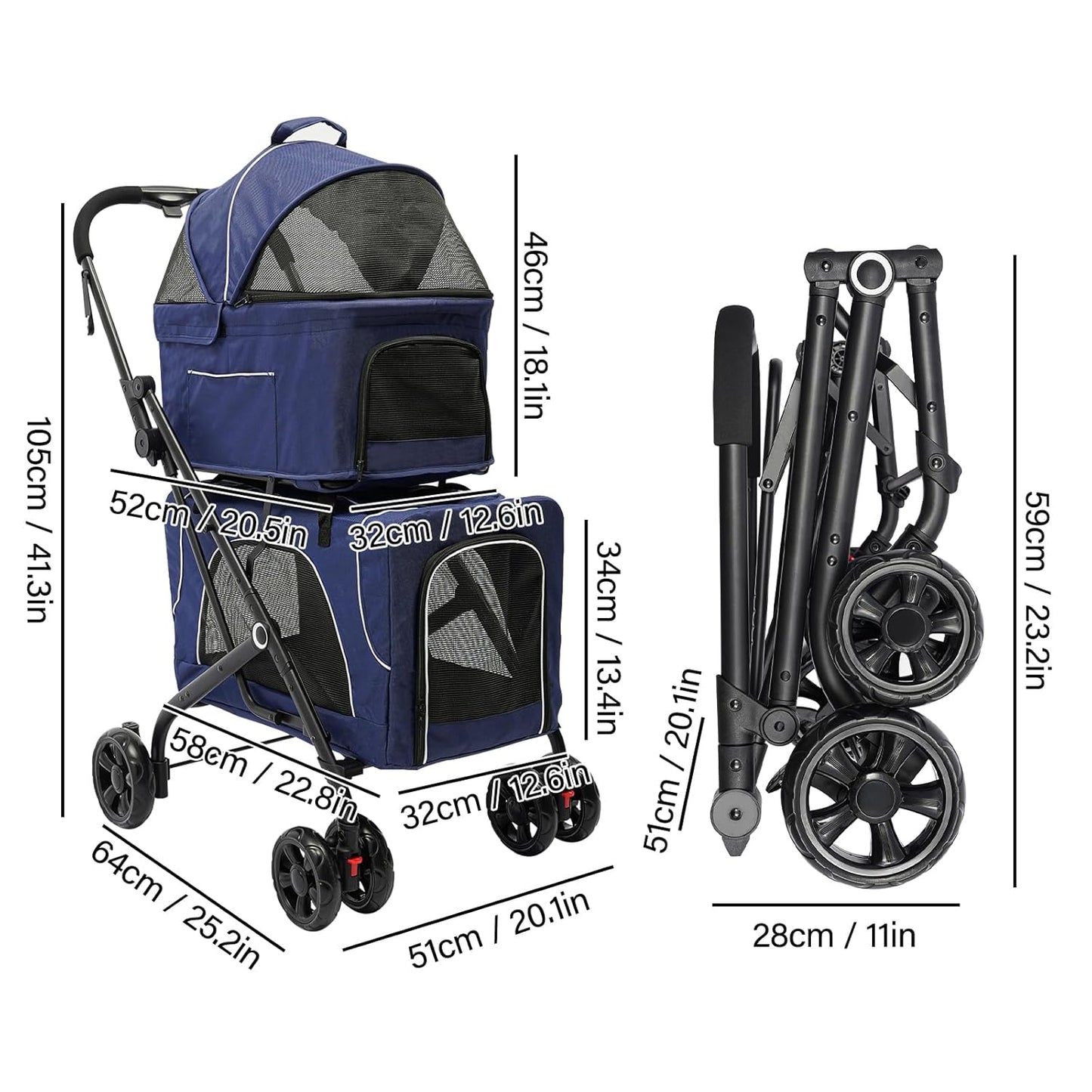 Double Pet Stroller,3.07lbs Dog Cat Carrying Cart,Lightweight Foldable Pet Stroller with 4 Wheels,Blue Portable Compact Pet Travel Cart for Small Dogs and Cats (Blue)